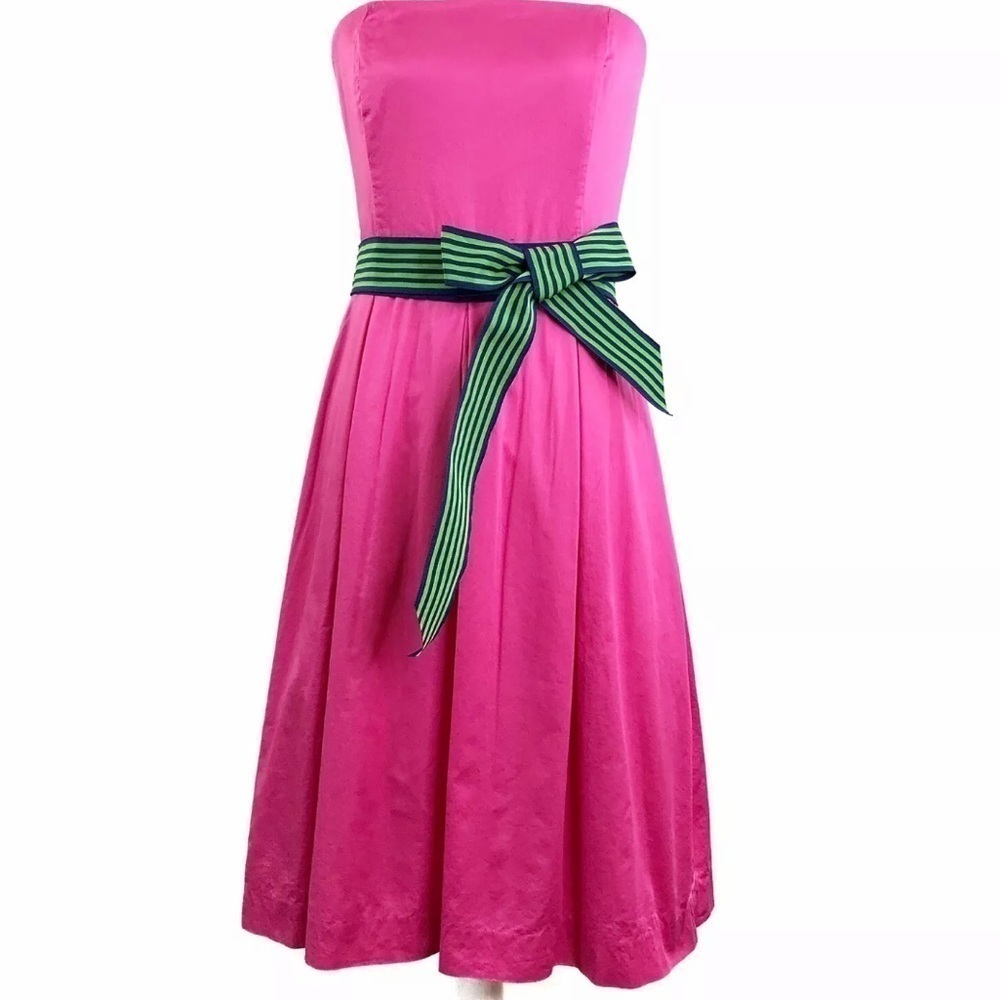 Lilly Pulitzer Pink Strapless Dress Sz 0 Green Belt Knee Length Fit Flare - Picture 3 of 11